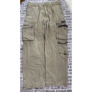 VTG Plugg Jeans Utility Cargo Baggy Plaid Trim Pants Mens 34x32 Tan Y2K Skater